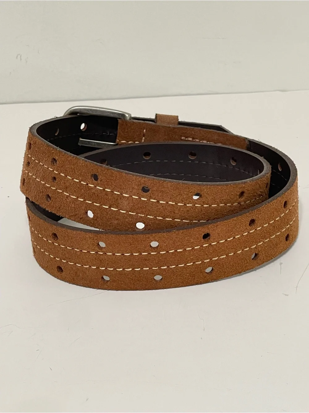 Brown Suede Leather Belt Perforated Contrast Stitching Gun Metal Buckle Youth 27